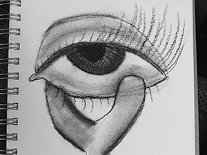 Charcoal drawing of an eyeball held up by a crutch