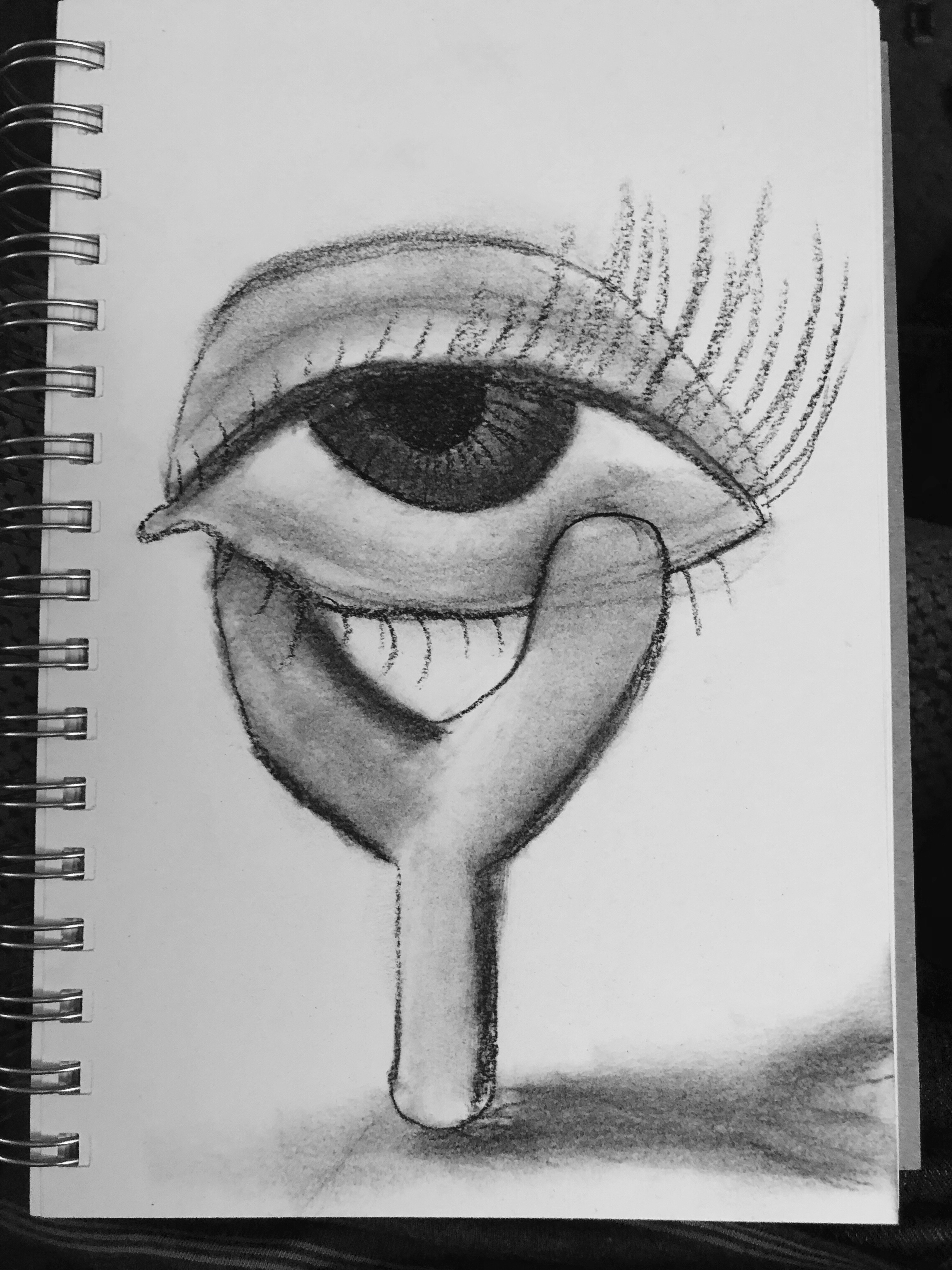 Charcoal drawing of a crutch holding up an eyeball