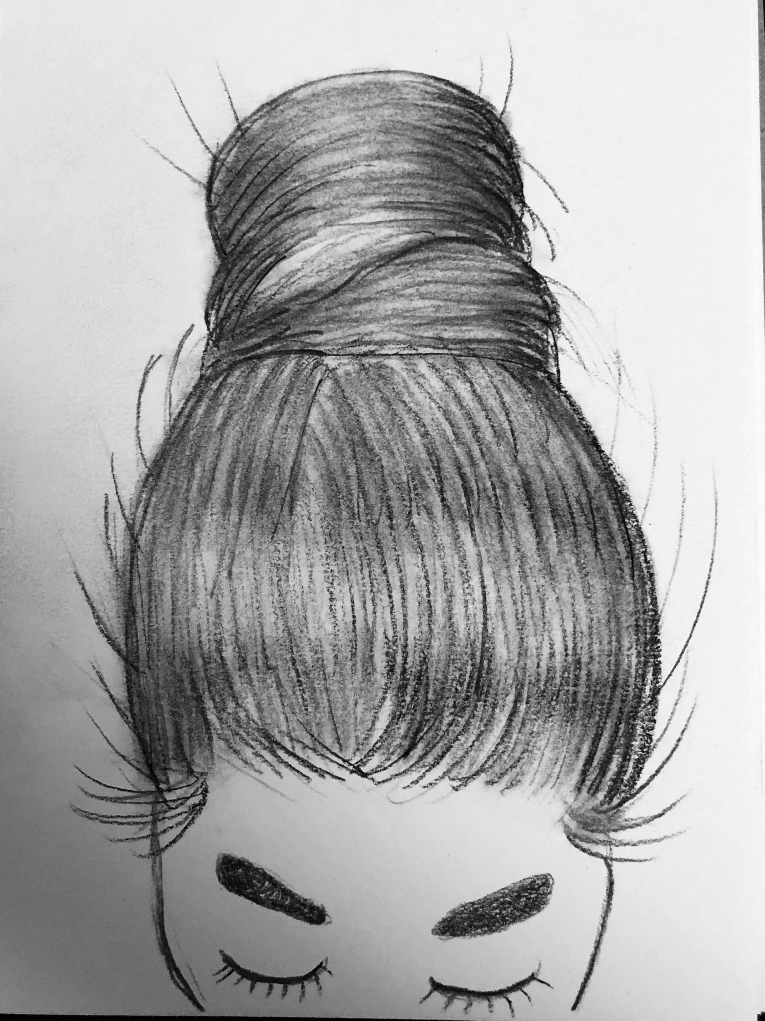 Charcoal drawing of a woman's hair from above, showing detail in the shading