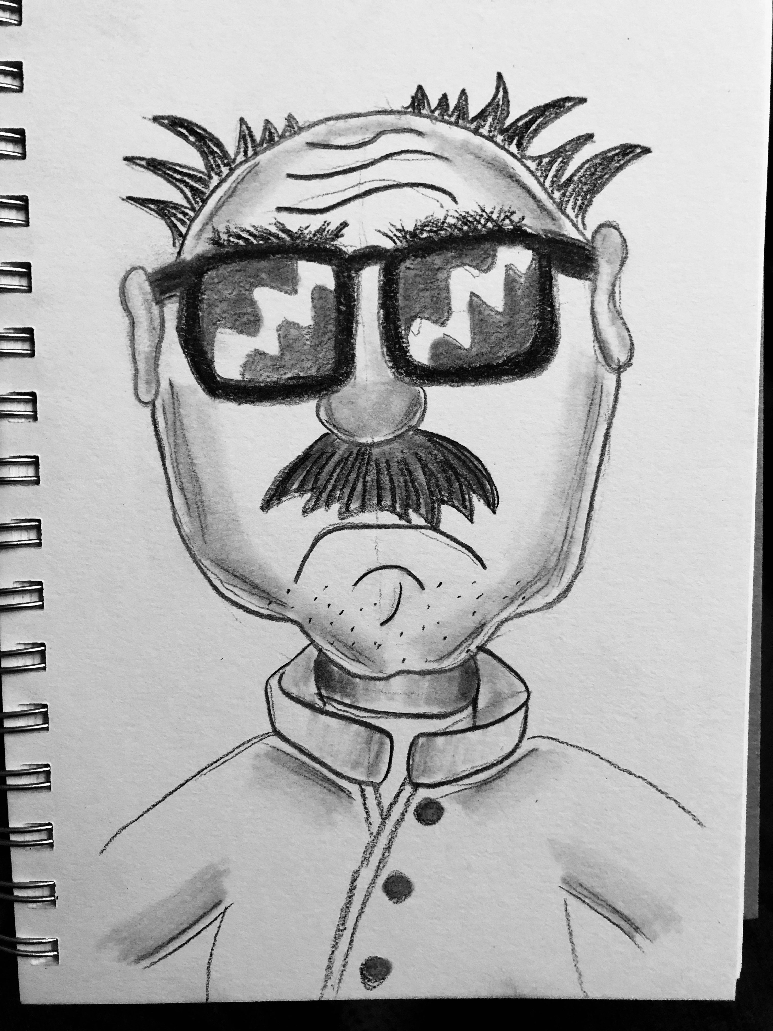 Charcoal drawing of a balding guy with shiny glasses and a mustache