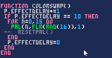 screenshot showing the colorswap() function in the Pico-8 interface