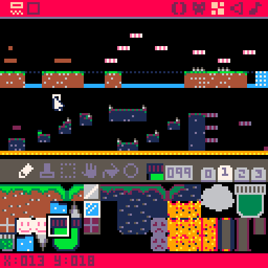 screenshot showing the Pico-8 map editor and sprites used to make levels 1 and 2